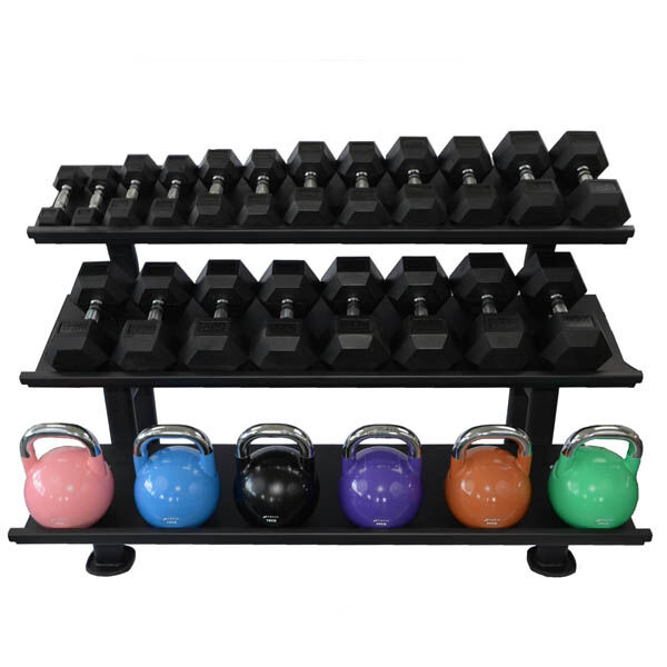 Série Haltères Caoutchouc 2.5-25kg + kettlebells 8-28kg + rack