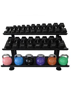 Série Haltères Caoutchouc 2.5-25kg + kettlebells 8-28kg + rack